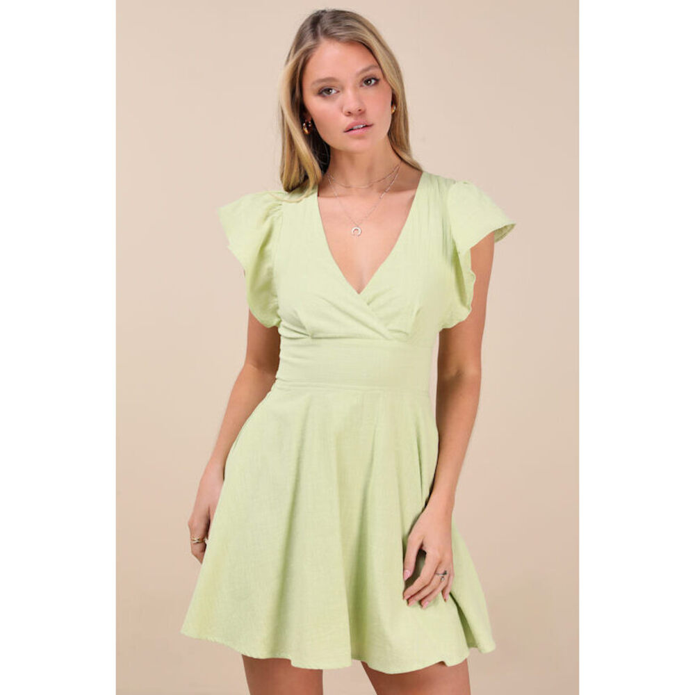 Lulus Sweeten Me Up Lime Green Flutter Sleeve Mini Dress With Pockets - Size S